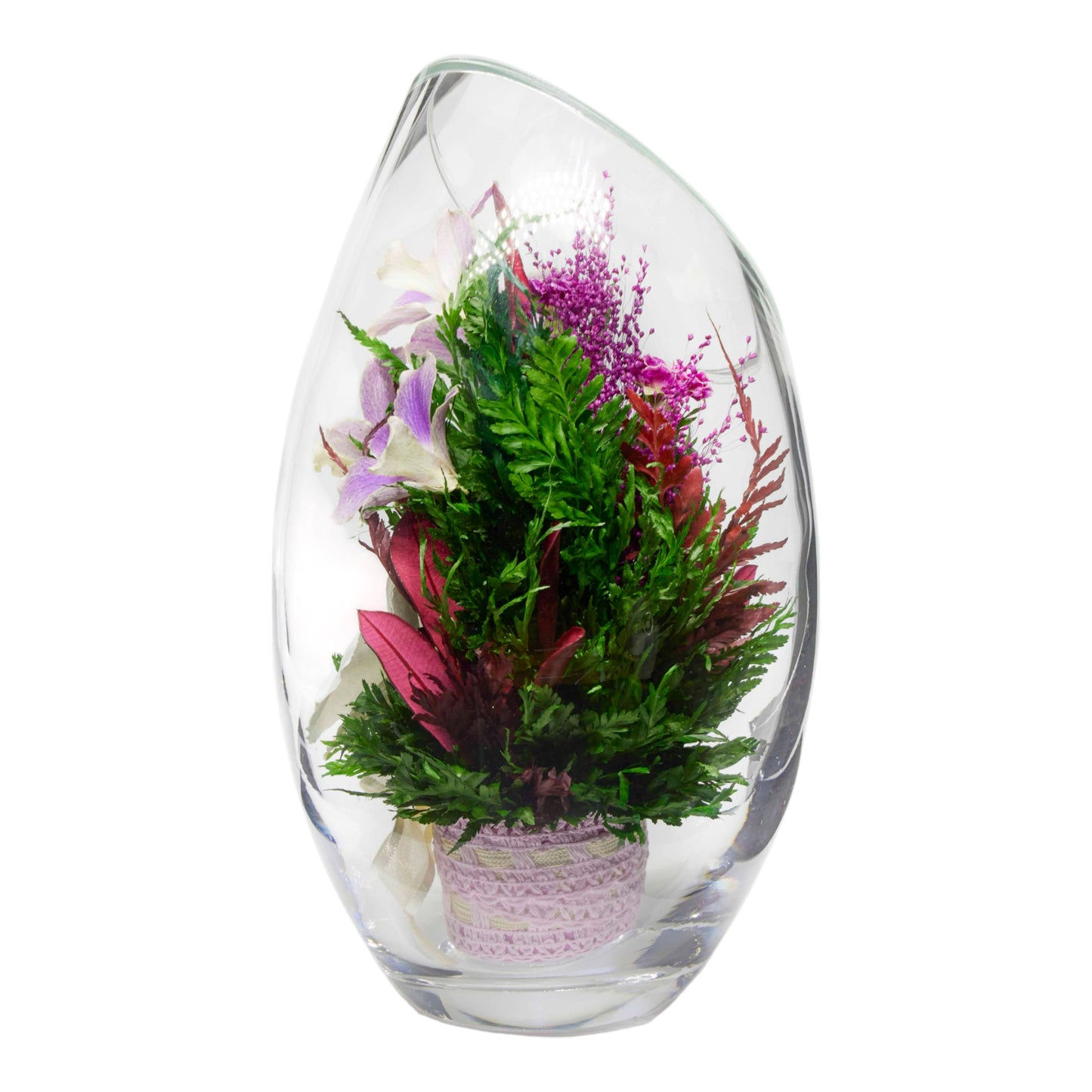 Elegant Purple Orchids and Limoniums in Rugby Glass Vase