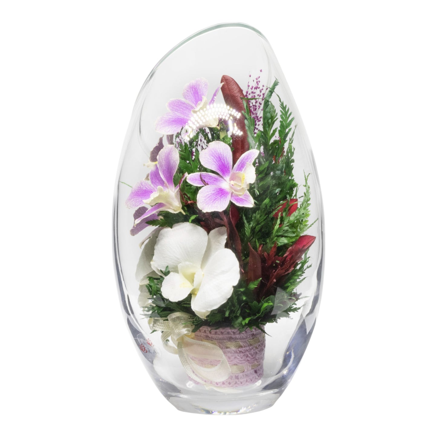 Elegant Purple Orchids and Limoniums in Rugby Glass Vase