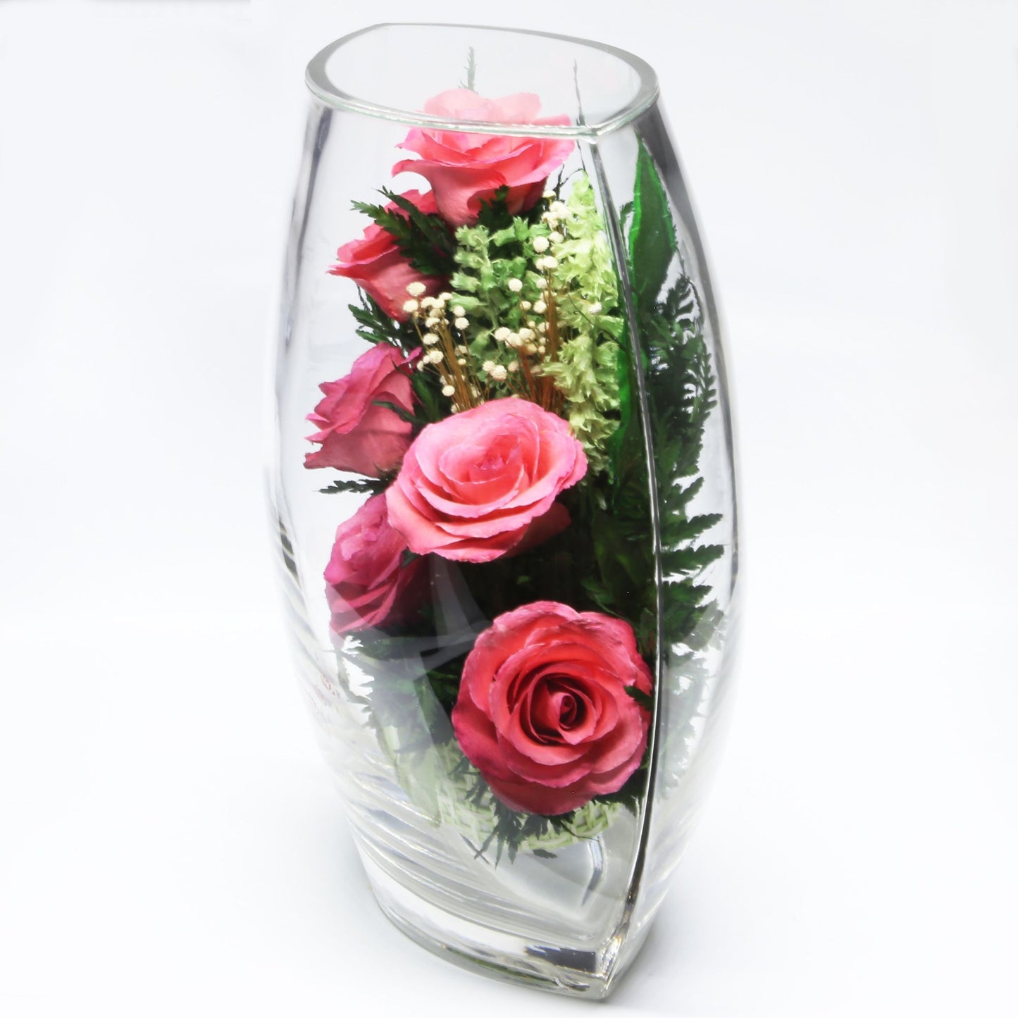 40339 Long-Lasting Pink Roses in a Sealed Glass Vase - FIORA FLOWER