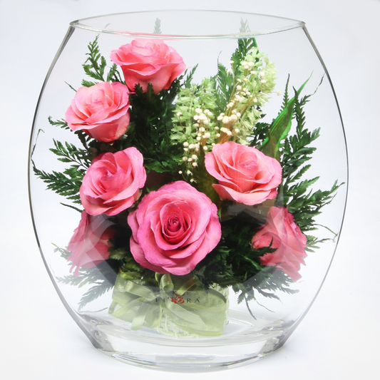 Blush: Seven Radiant Pink Roses in a Sealed Glass Vase