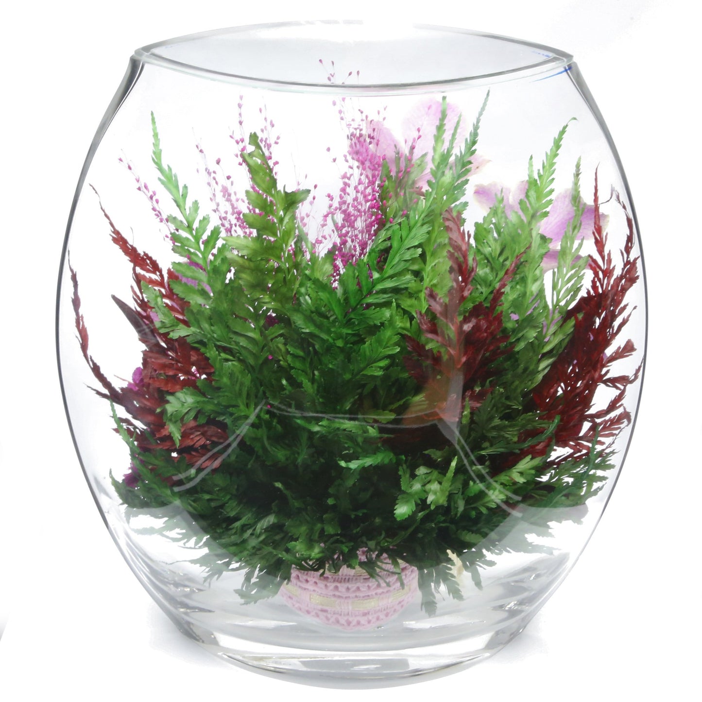 35753 Long-Lasting Purple Orchids, Limoniums with Greenery in a Flat Rugby Glass Vase - FIORA FLOWER