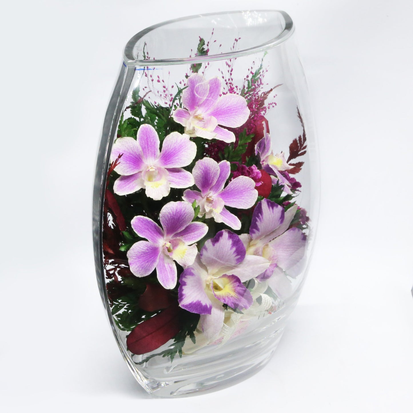 35753 Long-Lasting Purple Orchids, Limoniums with Greenery in a Flat Rugby Glass Vase - FIORA FLOWER