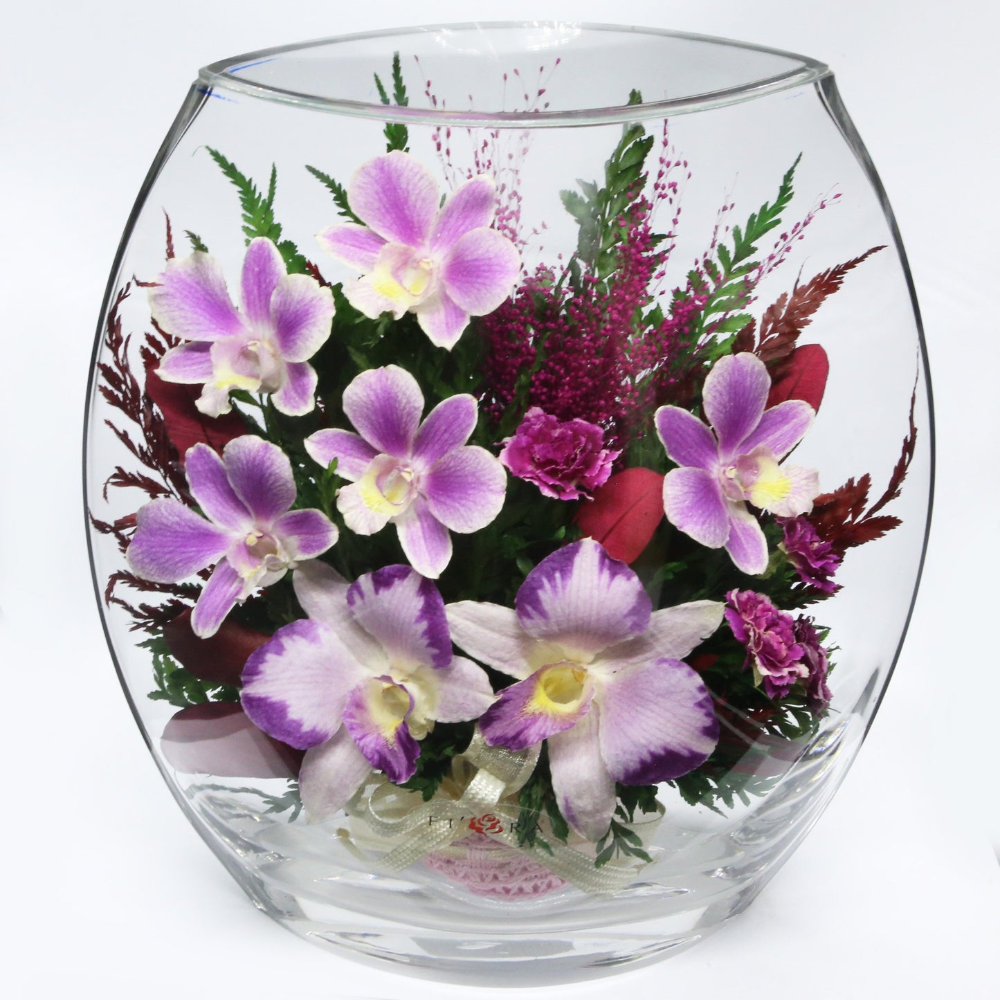 35753 Long-Lasting Purple Orchids, Limoniums with Greenery in a Flat Rugby Glass Vase - FIORA FLOWER