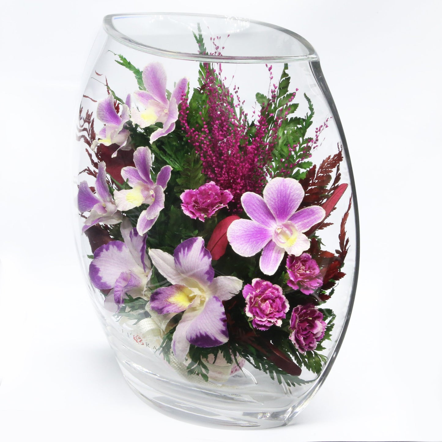 35753 Long-Lasting Purple Orchids, Limoniums with Greenery in a Flat Rugby Glass Vase - FIORA FLOWER