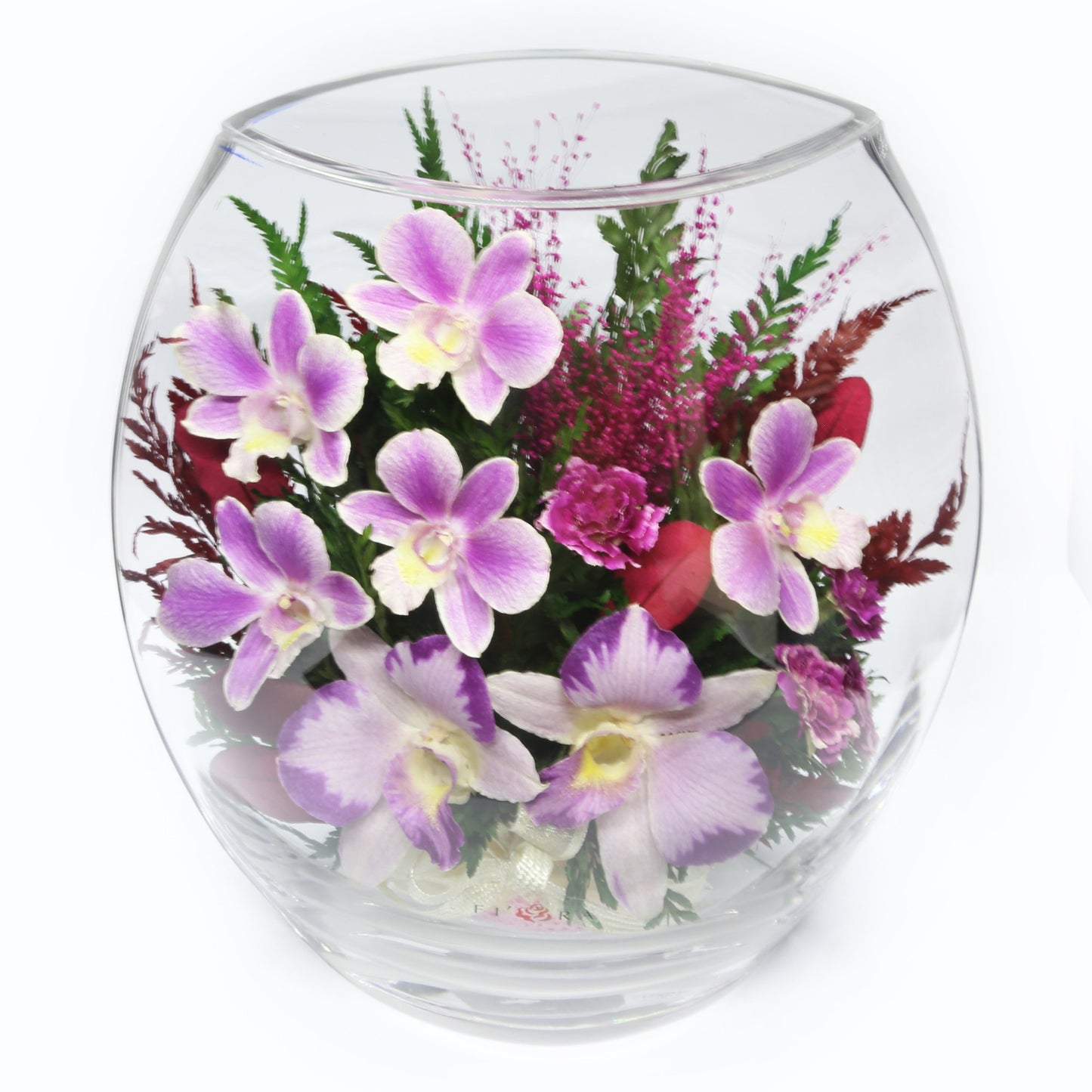 35753 Long-Lasting Purple Orchids, Limoniums with Greenery in a Flat Rugby Glass Vase - FIORA FLOWER