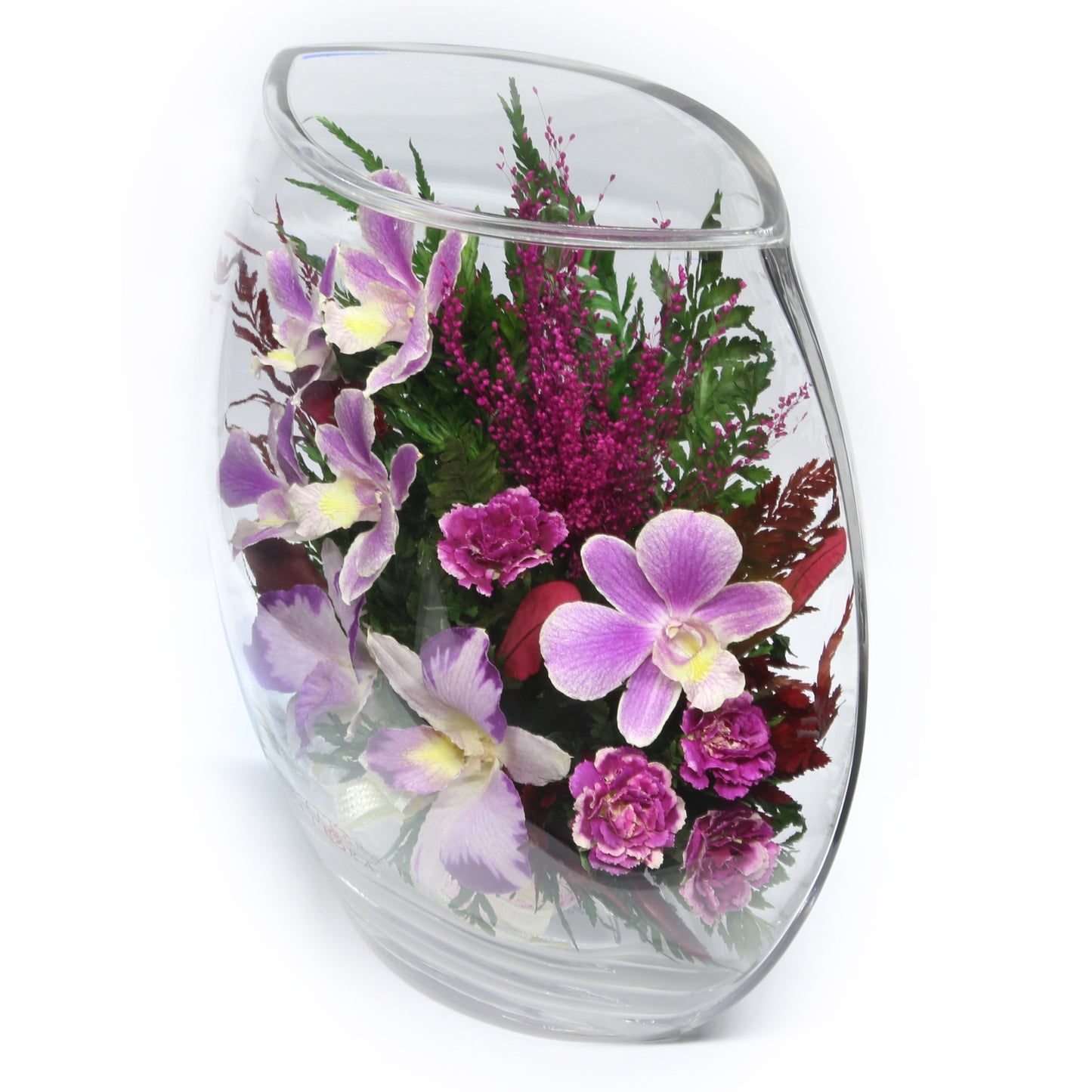 35753 Long-Lasting Purple Orchids, Limoniums with Greenery in a Flat Rugby Glass Vase - FIORA FLOWER