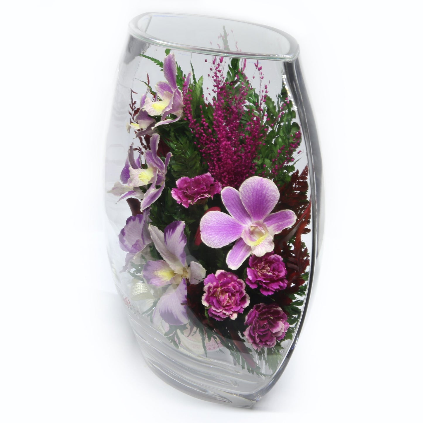35753 Long-Lasting Purple Orchids, Limoniums with Greenery in a Flat Rugby Glass Vase - FIORA FLOWER