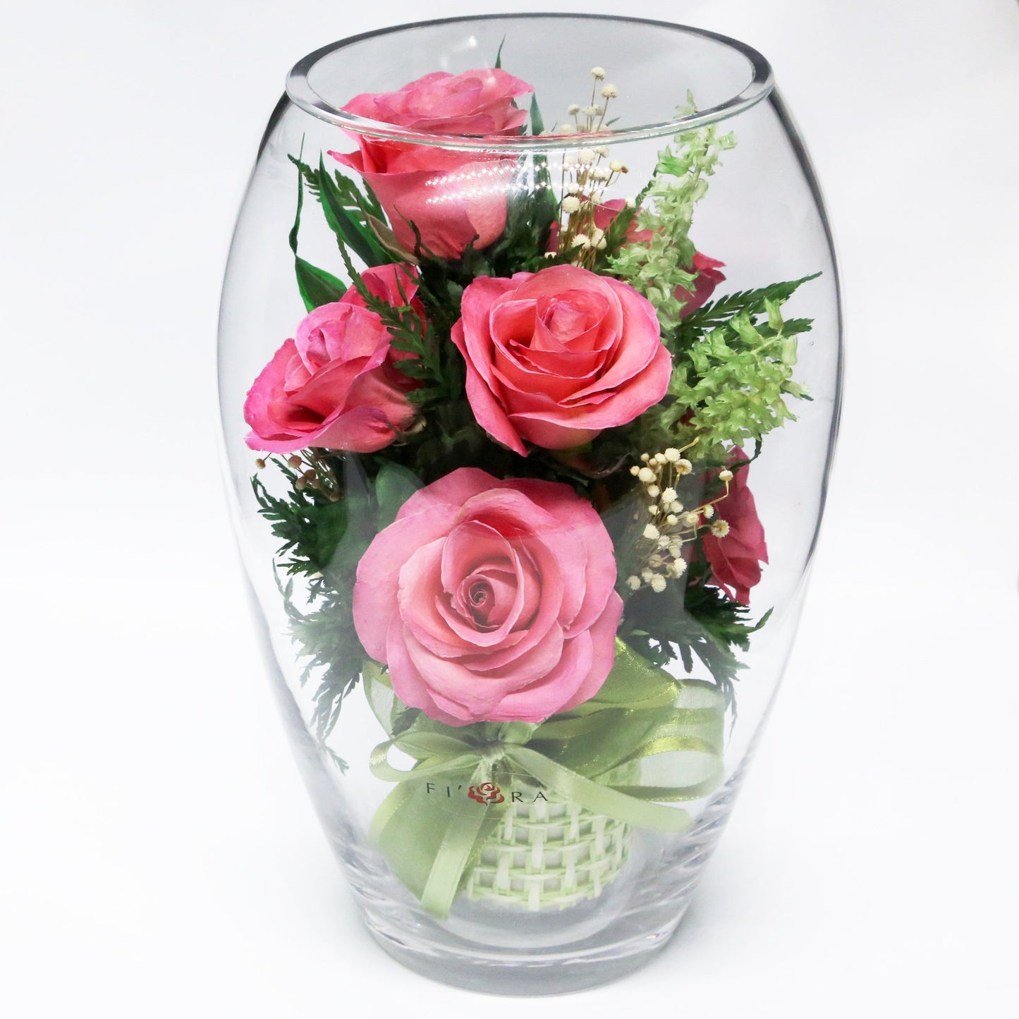 40337 Long-Lasting Pink Roses in a Elliptical Round Glass Vase - FIORA FLOWER