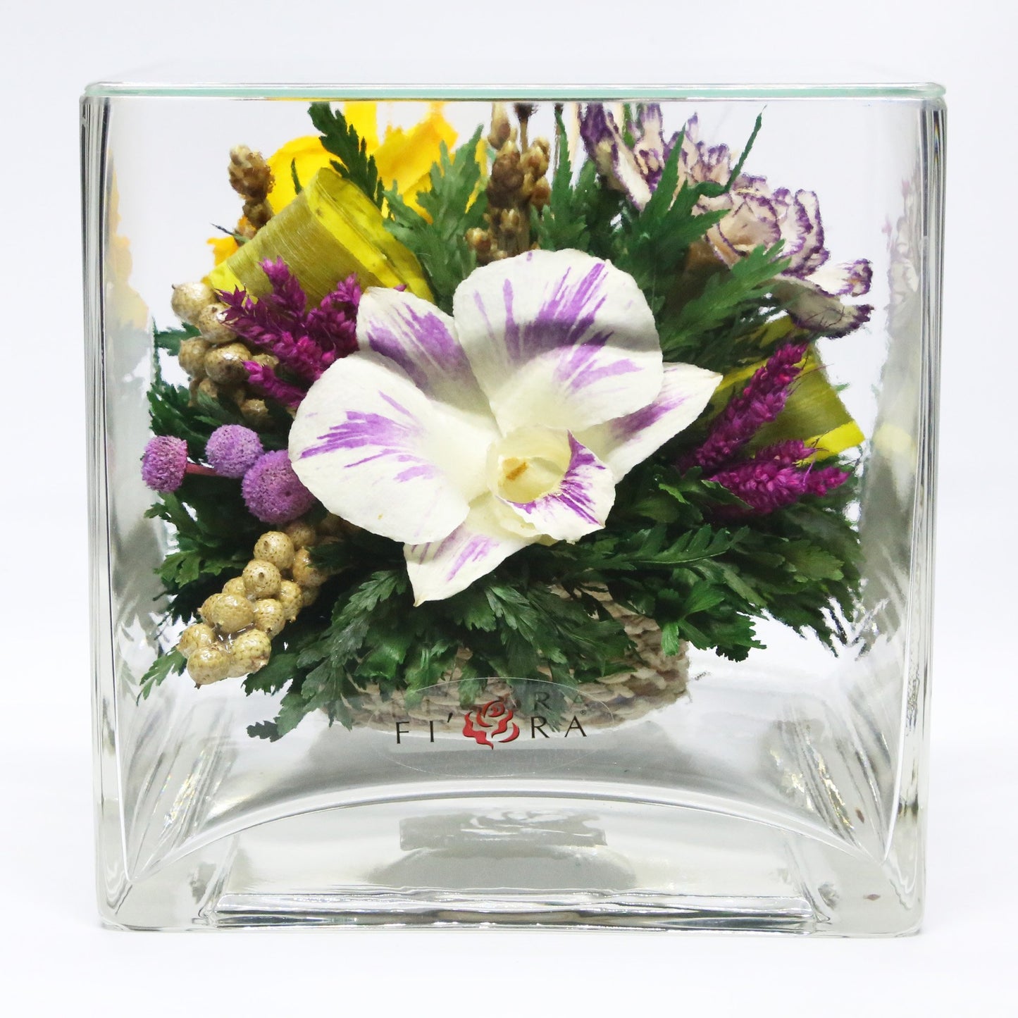 50237 Long-Lasting Yellow Rose and White Orchid in a Cube Clear Glass Vase - FIORA FLOWER