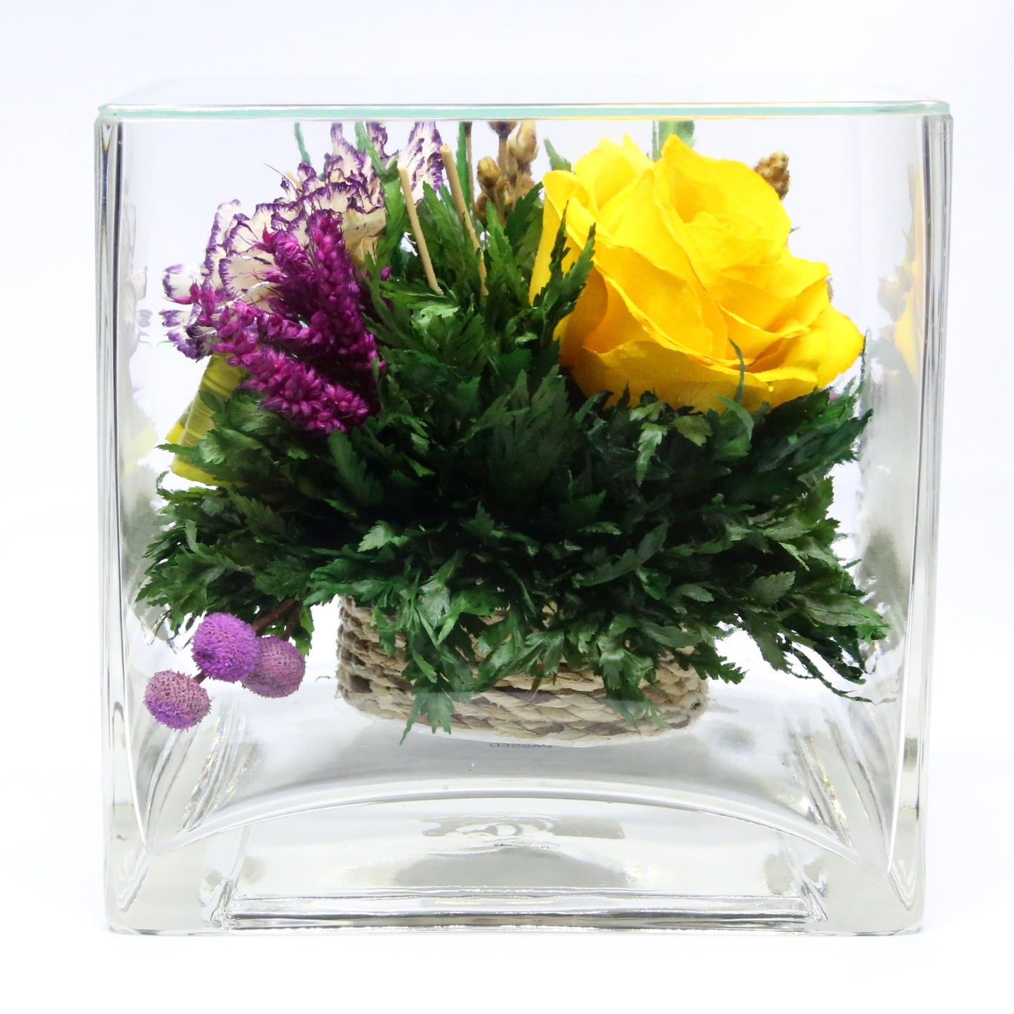 50237 Long-Lasting Yellow Rose and White Orchid in a Cube Clear Glass Vase - FIORA FLOWER