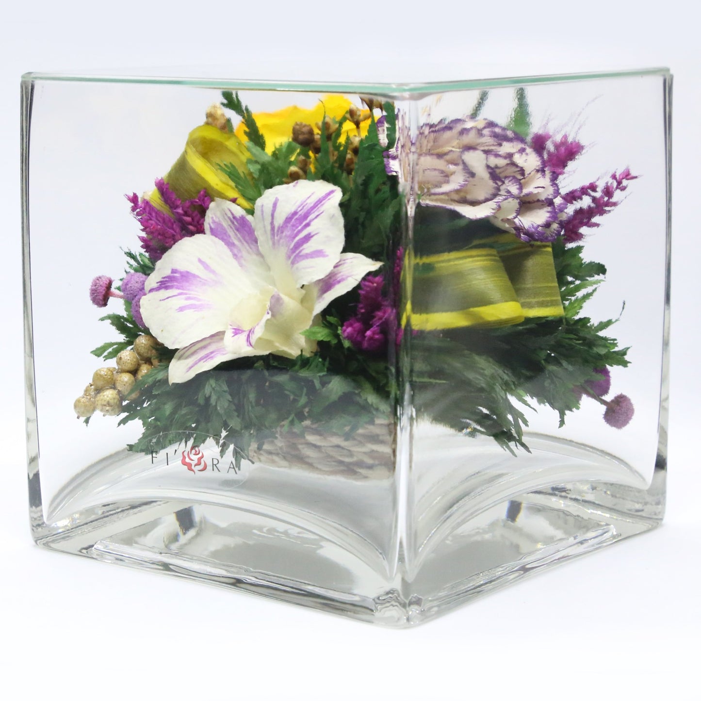 50237 Long-Lasting Yellow Rose and White Orchid in a Cube Clear Glass Vase - FIORA FLOWER