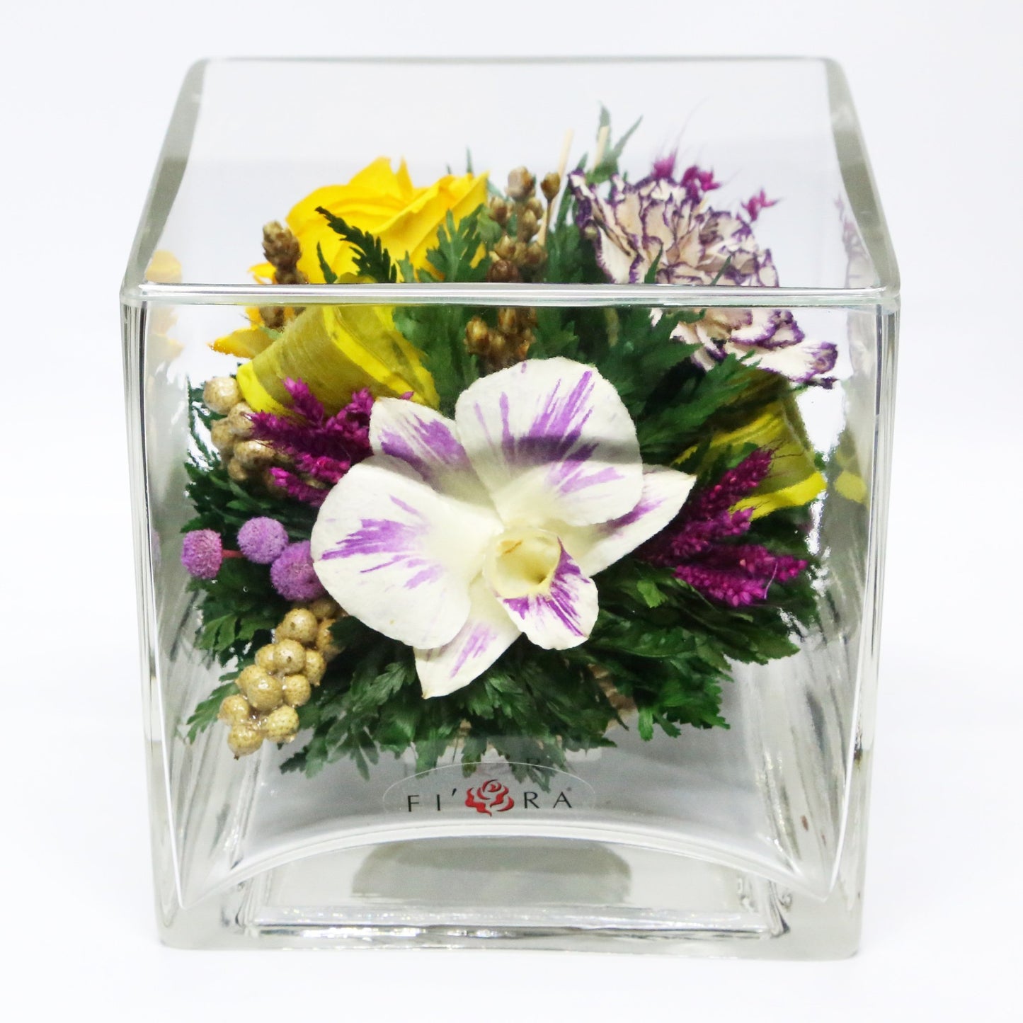 50237 Long-Lasting Yellow Rose and White Orchid in a Cube Clear Glass Vase - FIORA FLOWER