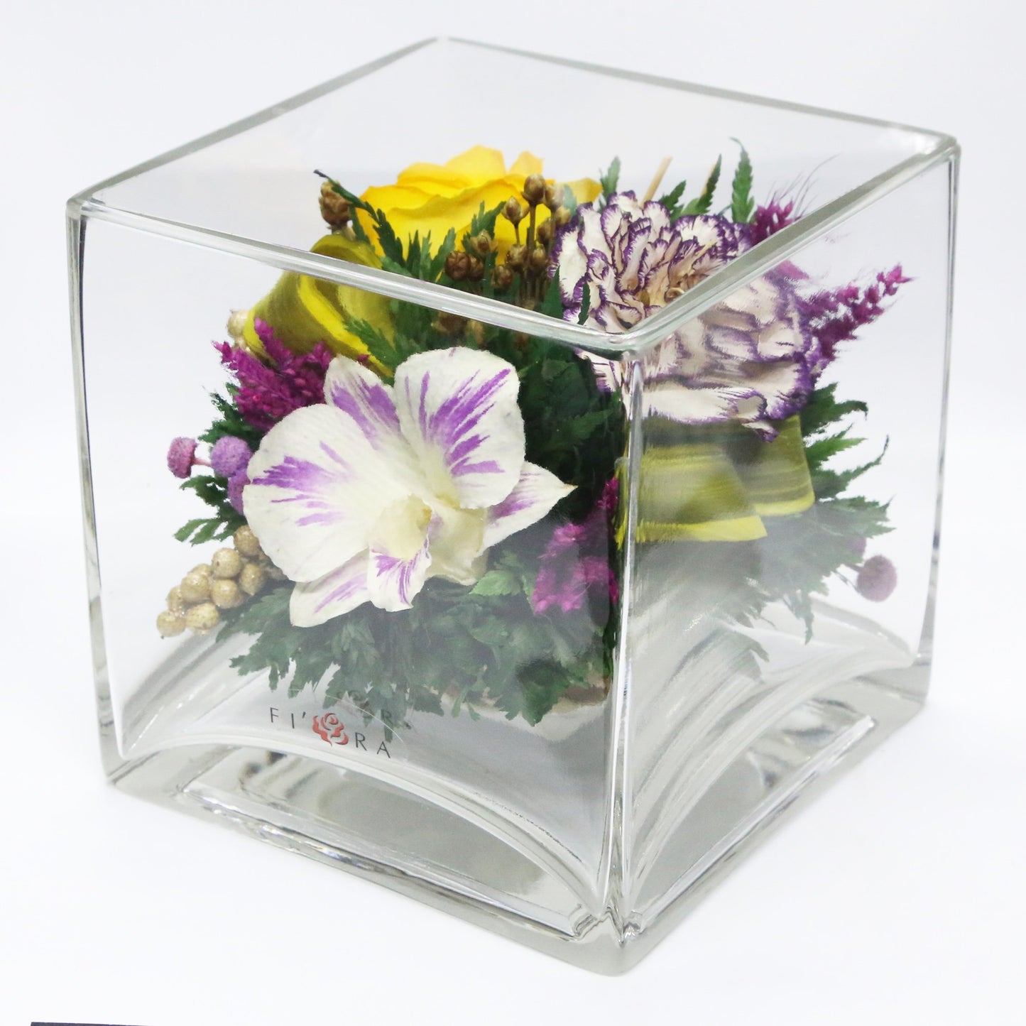 50237 Long-Lasting Yellow Rose and White Orchid in a Cube Clear Glass Vase - FIORA FLOWER