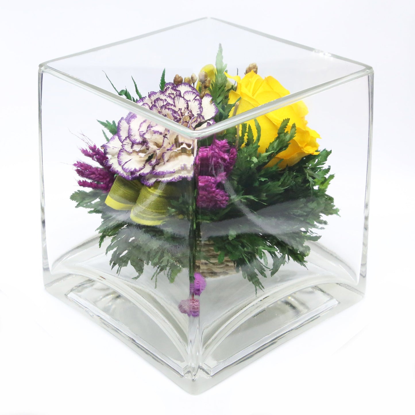 50237 Long-Lasting Yellow Rose and White Orchid in a Cube Clear Glass Vase - FIORA FLOWER