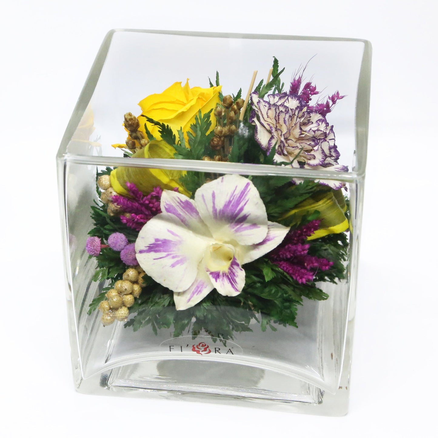 50237 Long-Lasting Yellow Rose and White Orchid in a Cube Clear Glass Vase - FIORA FLOWER