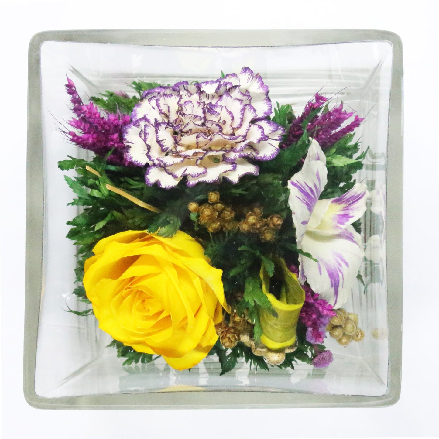 50237 Long-Lasting Yellow Rose and White Orchid in a Cube Clear Glass Vase - FIORA FLOWER