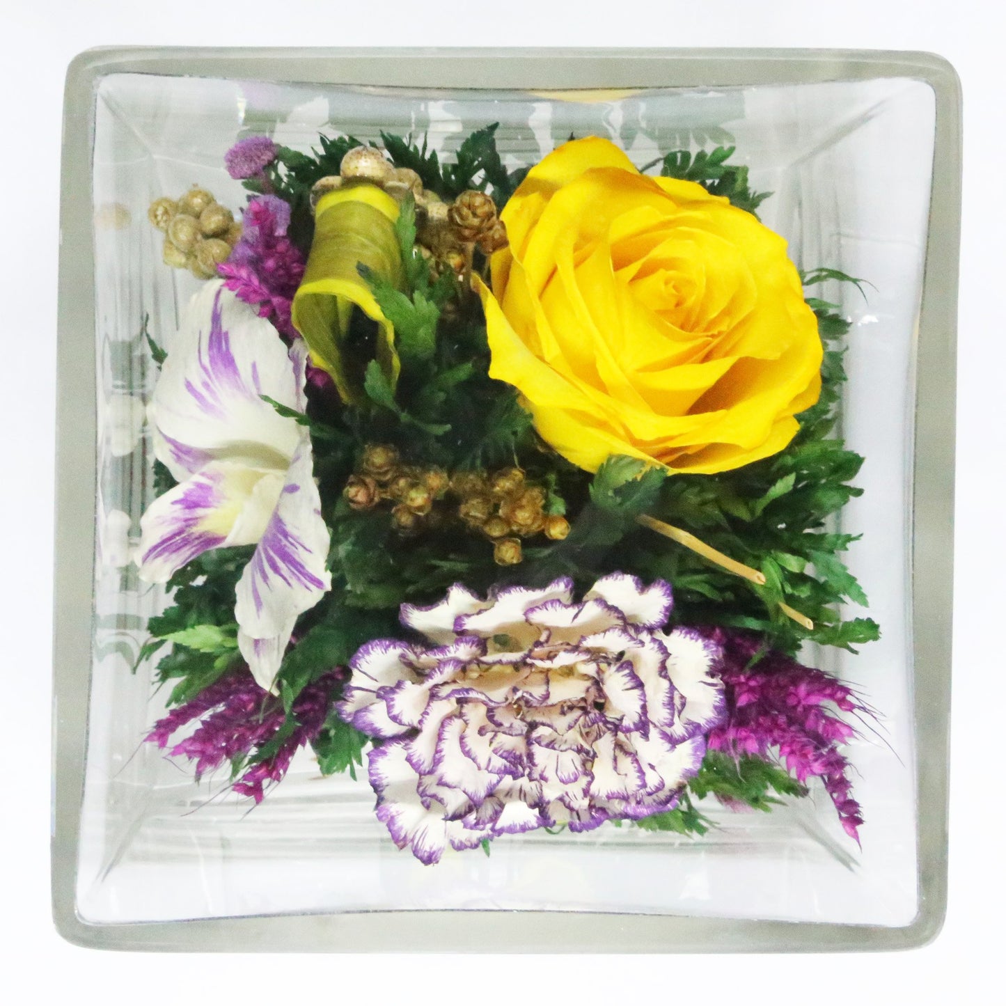 50237 Long-Lasting Yellow Rose and White Orchid in a Cube Clear Glass Vase - FIORA FLOWER