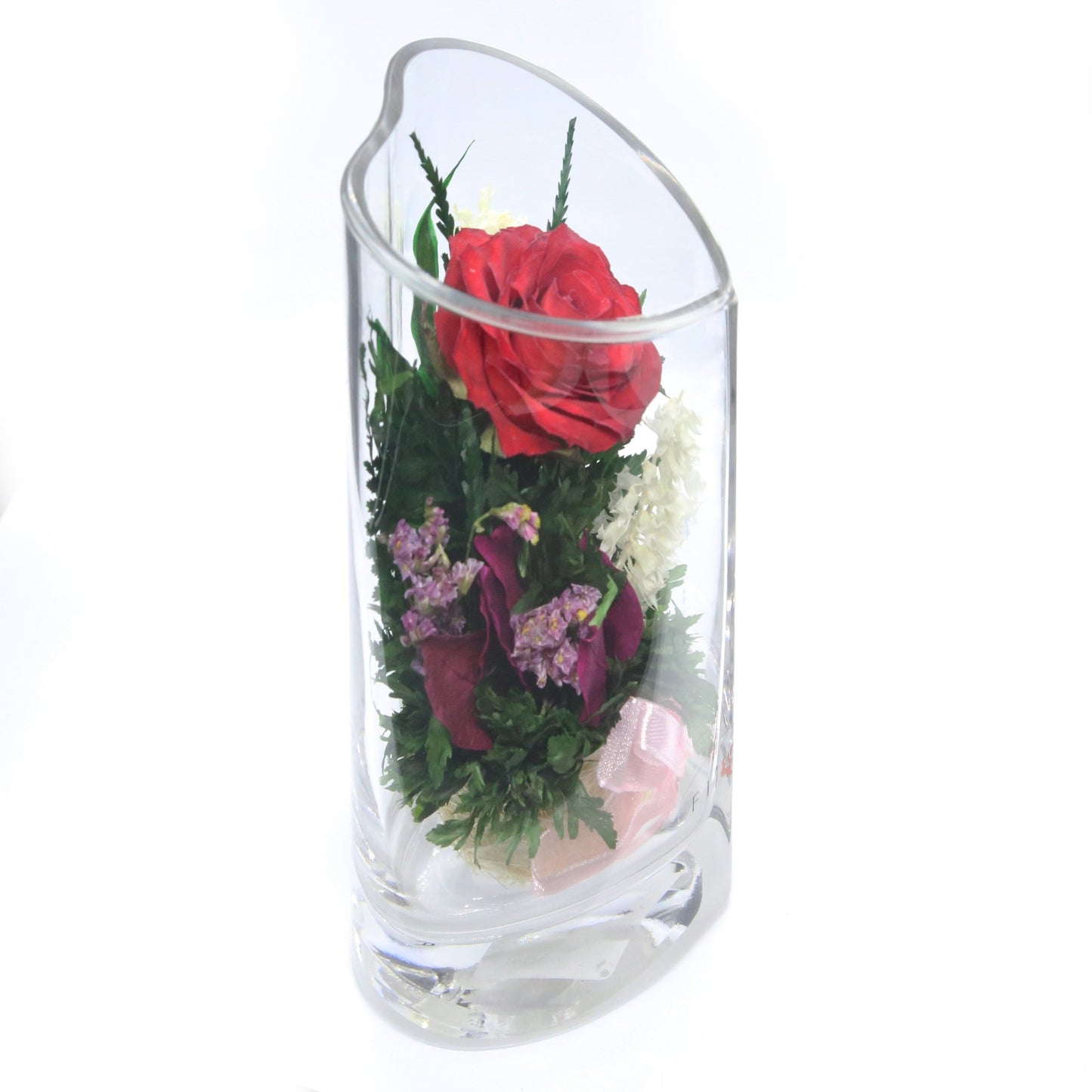 52576 Long-Lasting Red Rose with White Limoniums and Greenery in a Heart-Shaped Vase - FIORA FLOWER