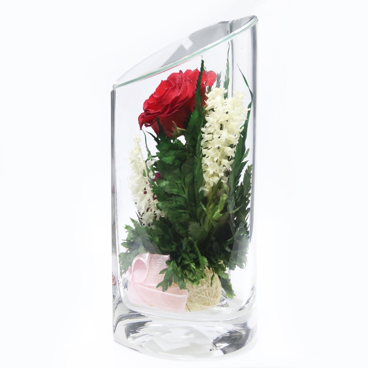 52576 Long-Lasting Red Rose with White Limoniums and Greenery in a Heart-Shaped Vase - FIORA FLOWER