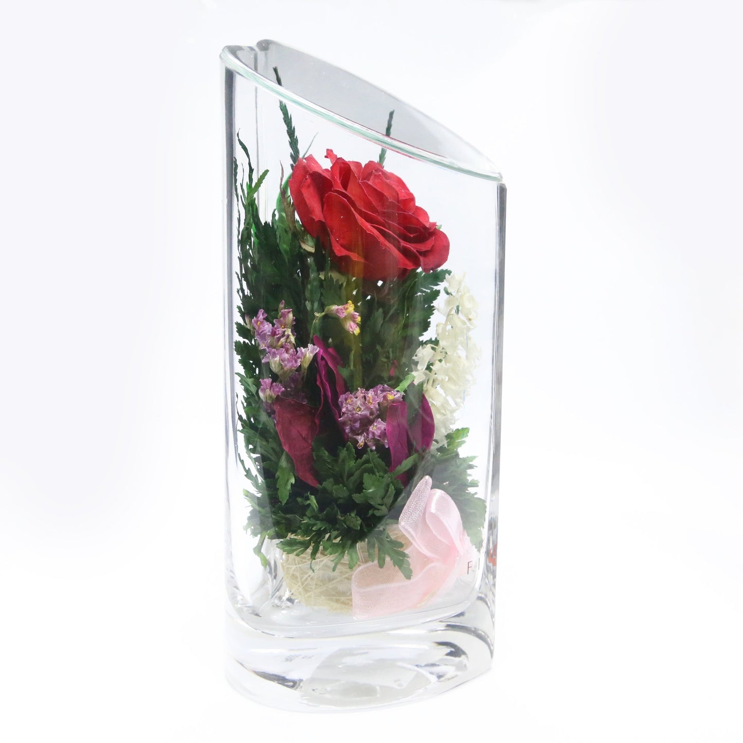 52576 Long-Lasting Red Rose with White Limoniums and Greenery in a Heart-Shaped Vase - FIORA FLOWER