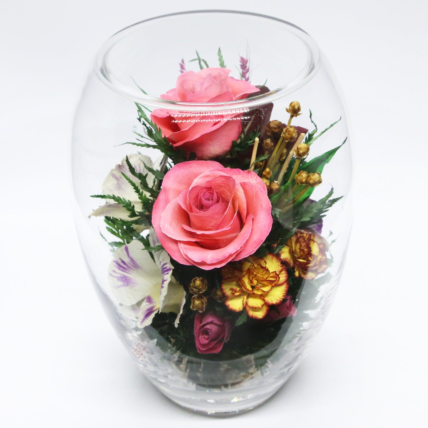 61097 Long-Lasting Pink Roses, Purple-Striped White & King Dragon Orchids, Orange Spray Carnations in an Elliptical Glass Vase - FIORA FLOWER