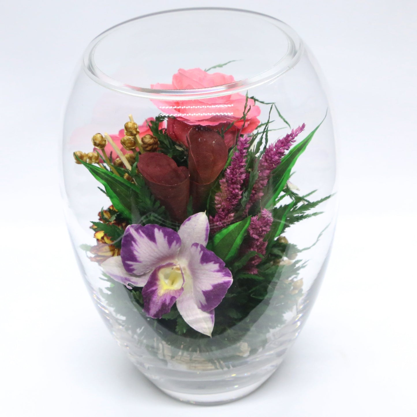 61097 Long-Lasting Pink Roses, Purple-Striped White & King Dragon Orchids, Orange Spray Carnations in an Elliptical Glass Vase - FIORA FLOWER