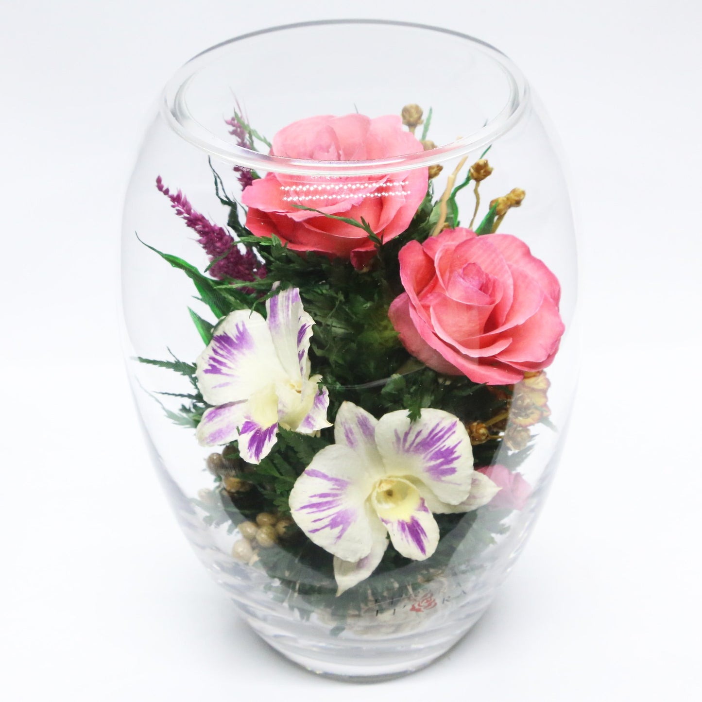 61097 Long-Lasting Pink Roses, Purple-Striped White & King Dragon Orchids, Orange Spray Carnations in an Elliptical Glass Vase - FIORA FLOWER
