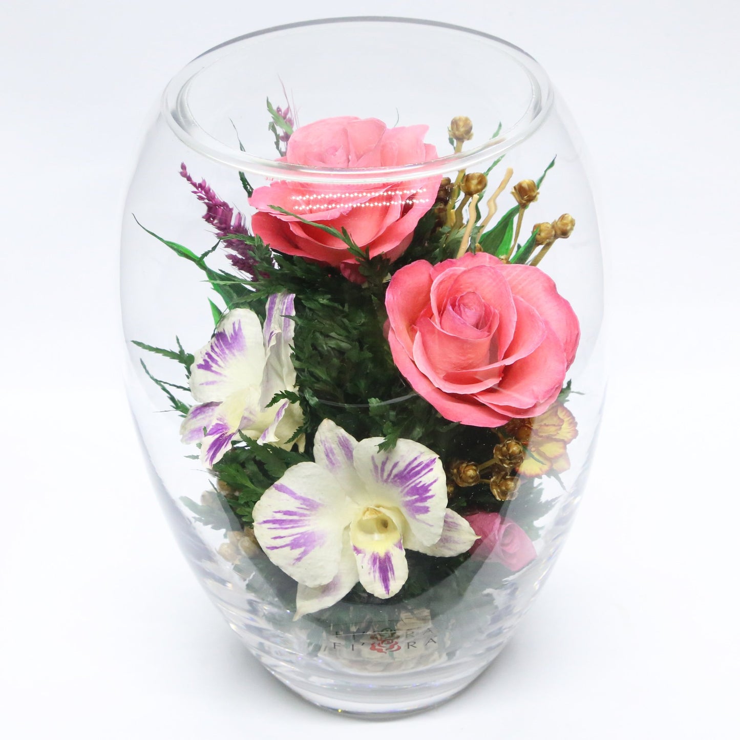 61097 Long-Lasting Pink Roses, Purple-Striped White & King Dragon Orchids, Orange Spray Carnations in an Elliptical Glass Vase - FIORA FLOWER