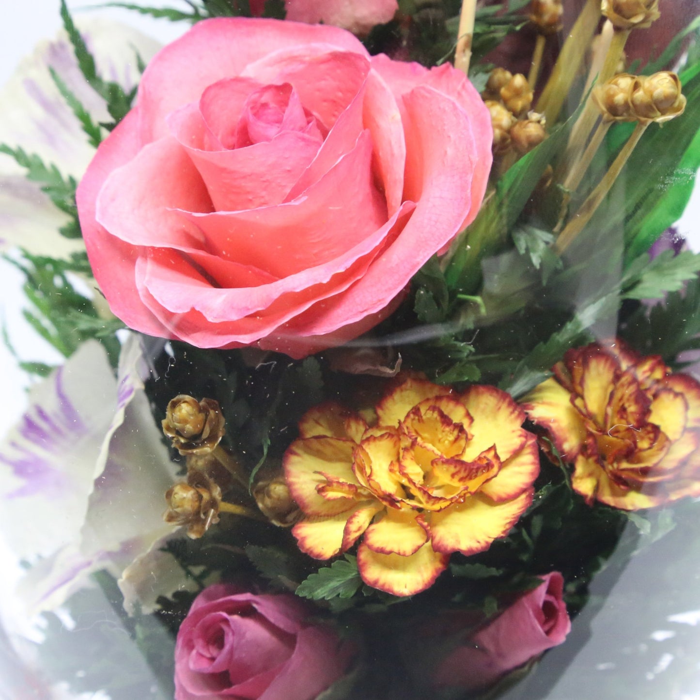 61097 Long-Lasting Pink Roses, Purple-Striped White & King Dragon Orchids, Orange Spray Carnations in an Elliptical Glass Vase - FIORA FLOWER