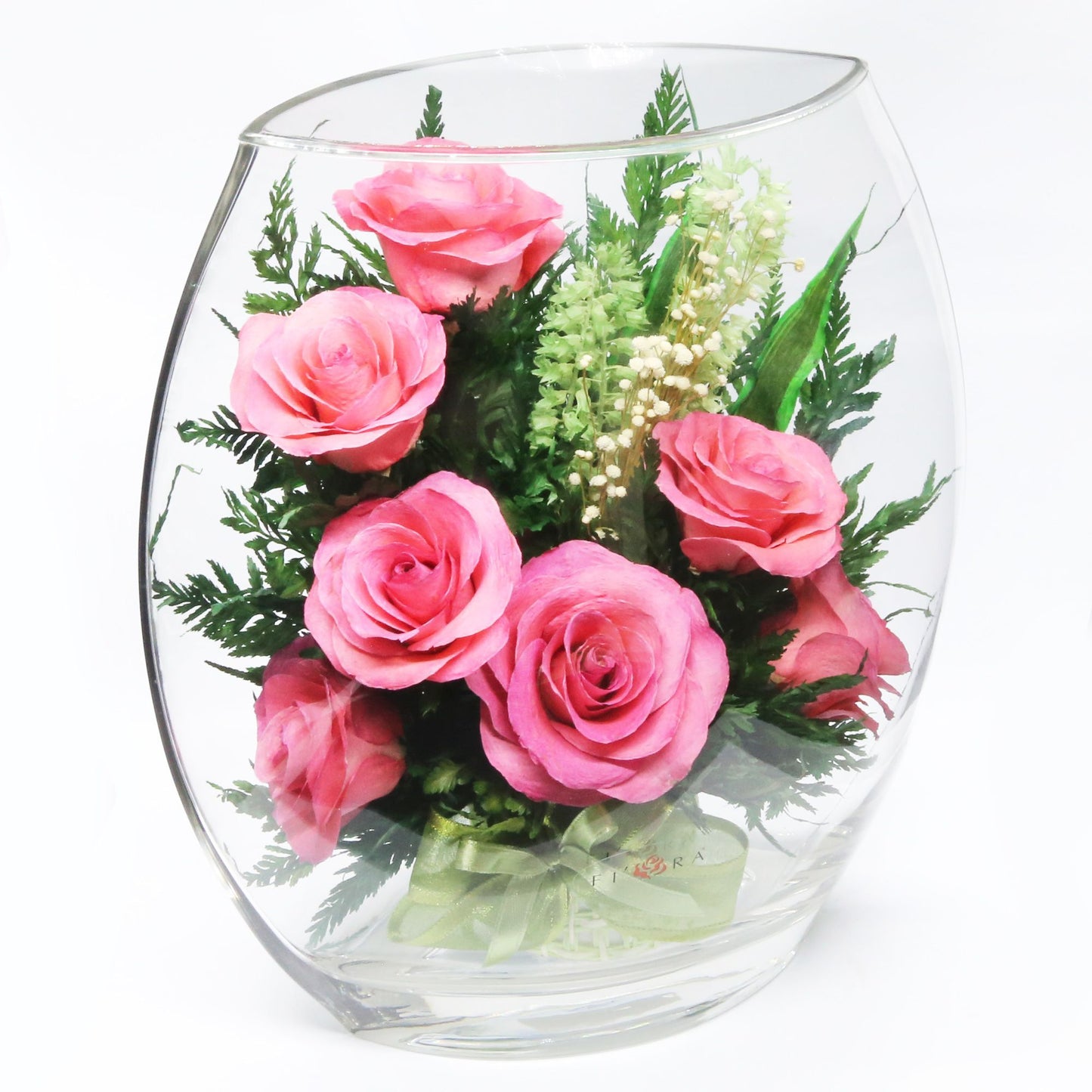 40339 Long-Lasting Pink Roses in a Sealed Glass Vase - FIORA FLOWER