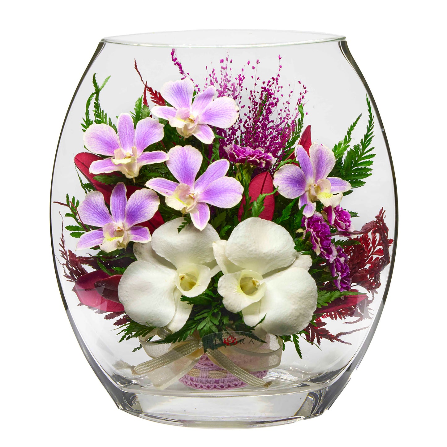 71812 Long-Lasting Purple Orchids with Greenery in a Flat Rugby Glass Vase