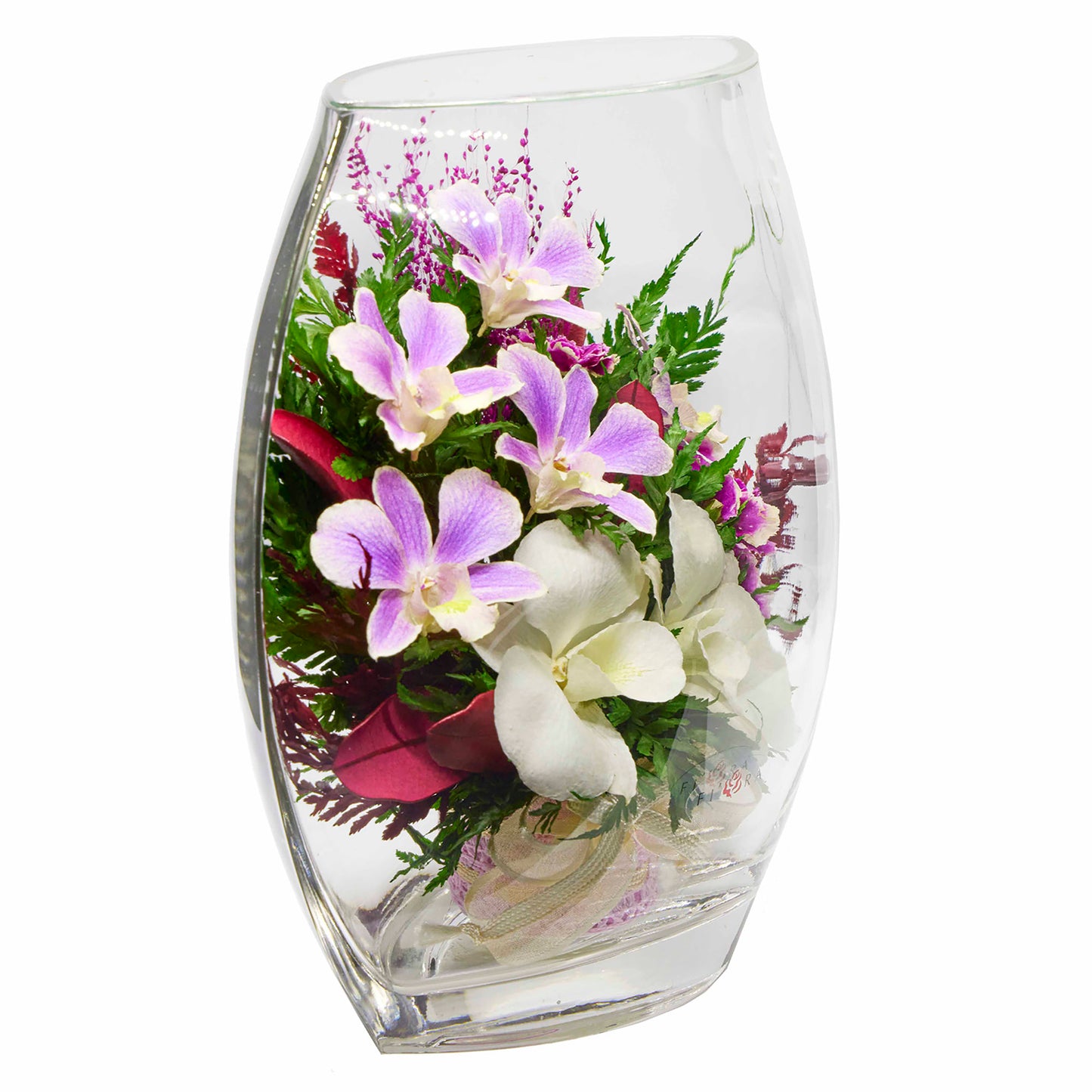 71812 Long-Lasting Purple Orchids with Greenery in a Flat Rugby Glass Vase