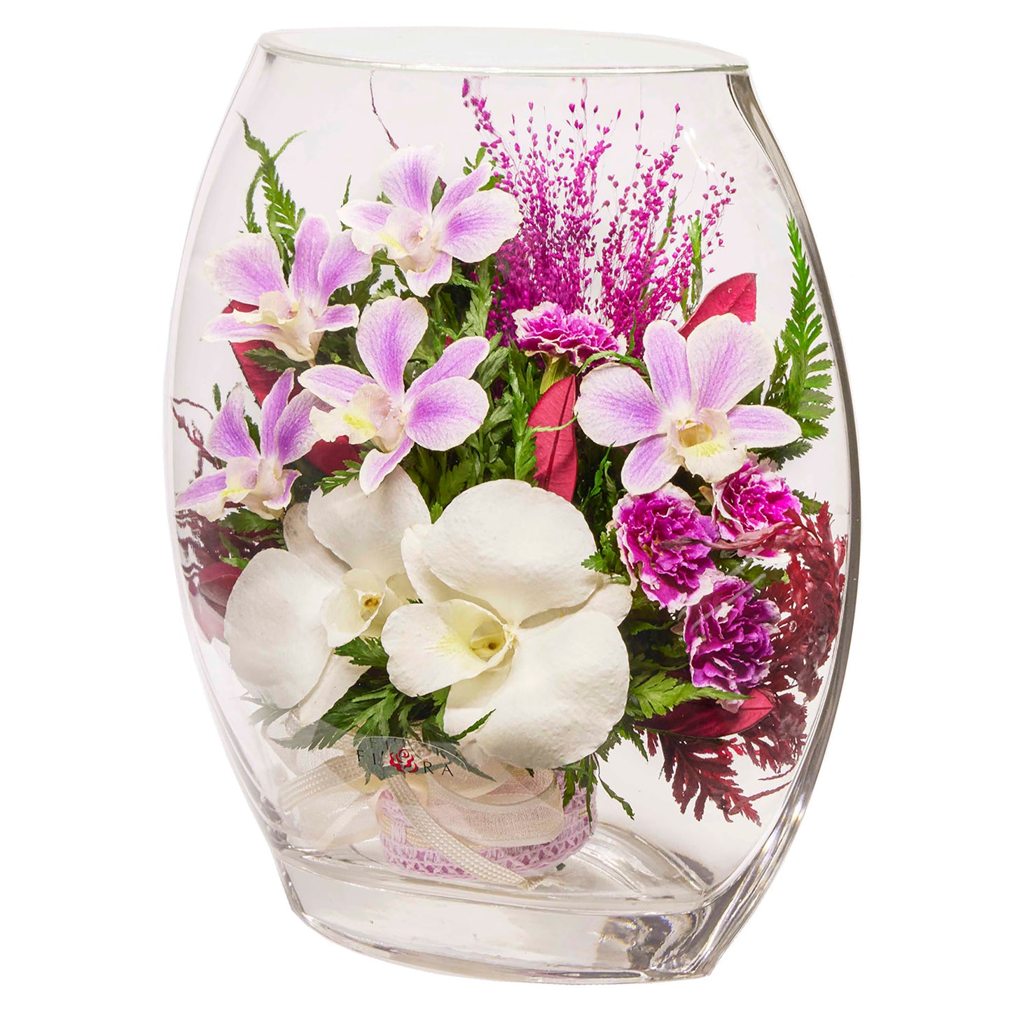 71812 Long-Lasting Purple Orchids with Greenery in a Flat Rugby Glass Vase