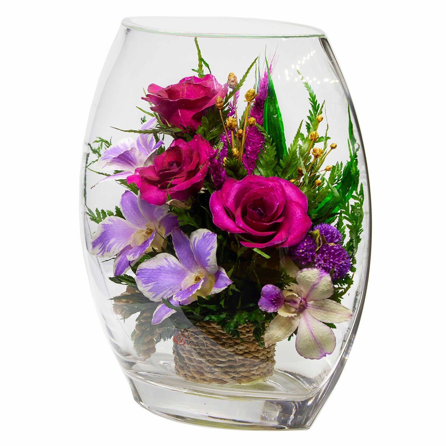 71331 Long-Lasting Purple Orchids and Roses in a Flat Rugby Glass Vase