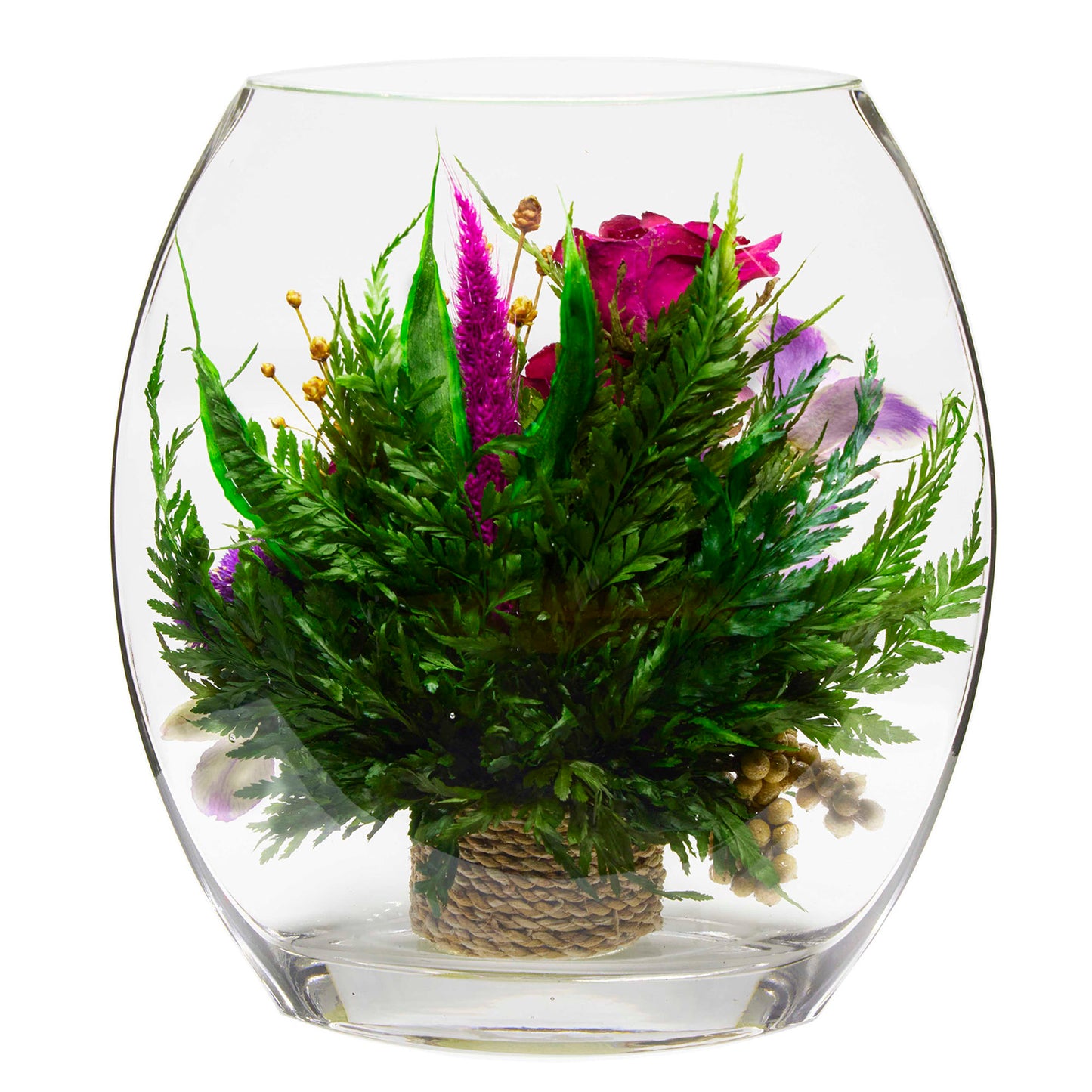 71331 Long-Lasting Purple Orchids and Roses in a Flat Rugby Glass Vase