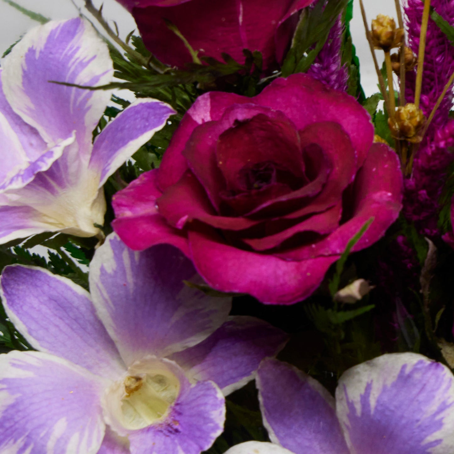 71331 Long-Lasting Purple Orchids and Roses in a Flat Rugby Glass Vase