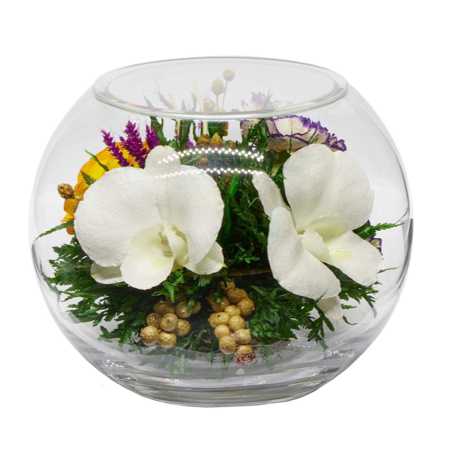 71874 Long-Lasting White Orchids and rose in a Round Glass Vase