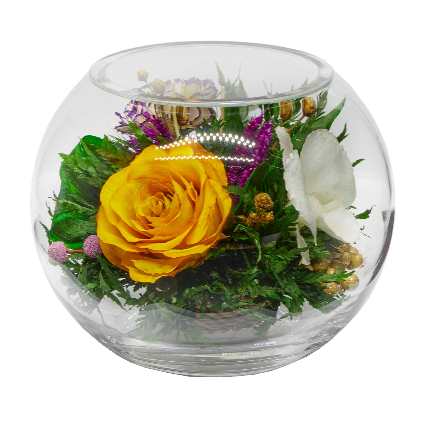 71874 Long-Lasting White Orchids and rose in a Round Glass Vase