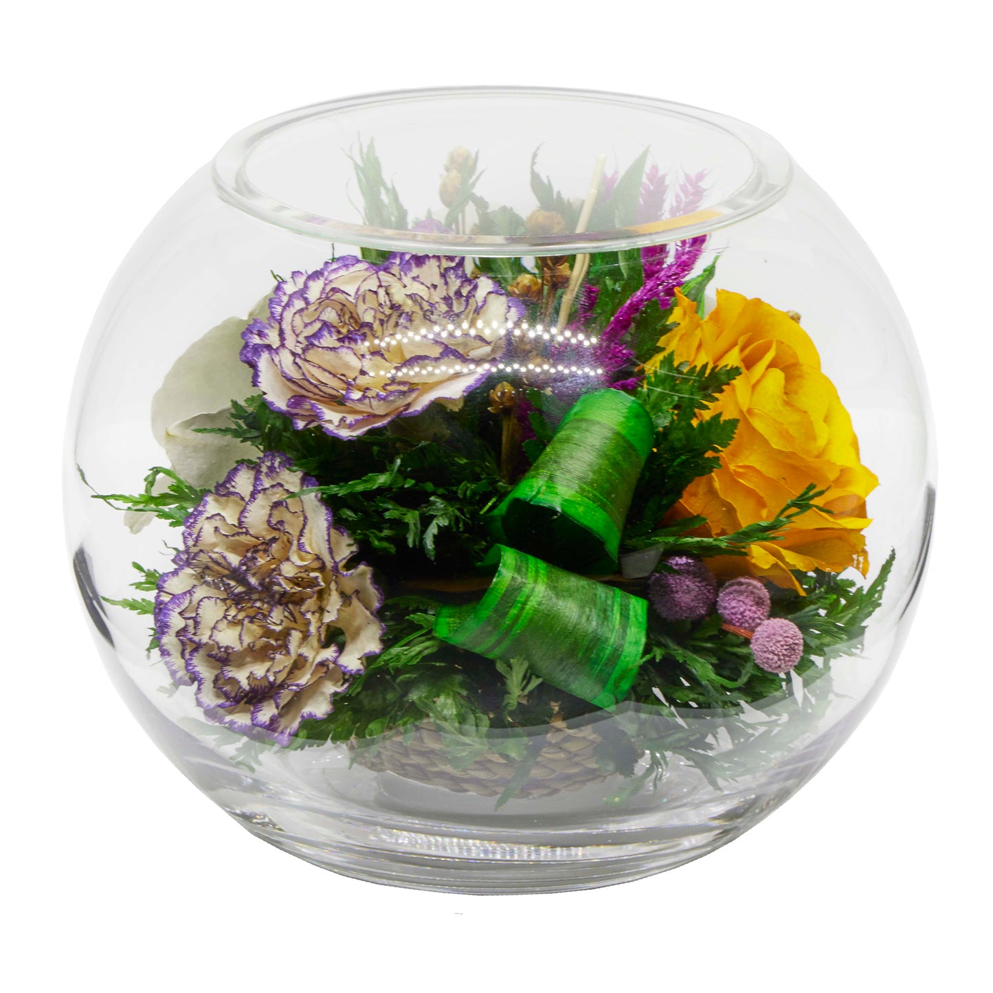71874 Long-Lasting White Orchids and rose in a Round Glass Vase