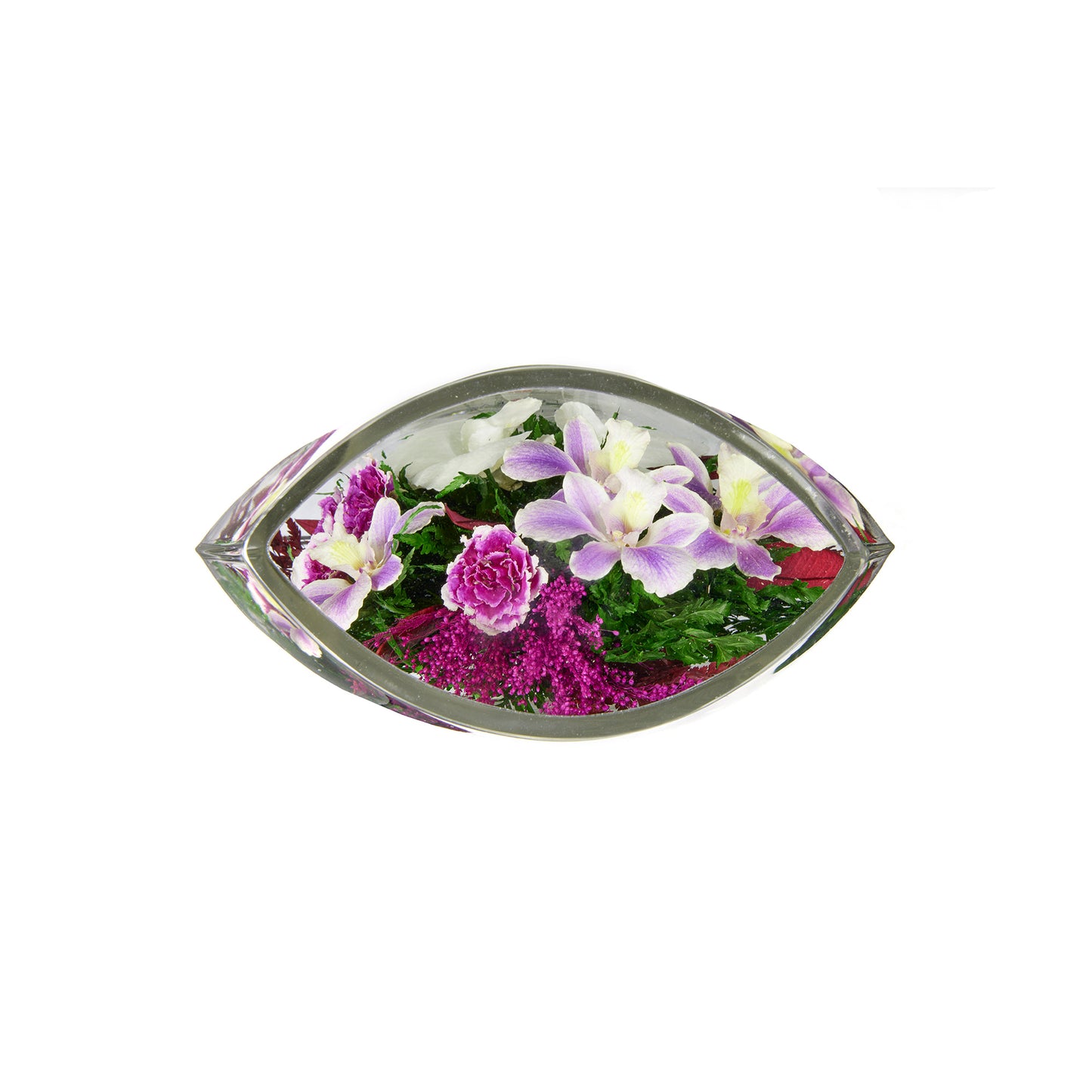 71812 Long-Lasting Purple Orchids with Greenery in a Flat Rugby Glass Vase