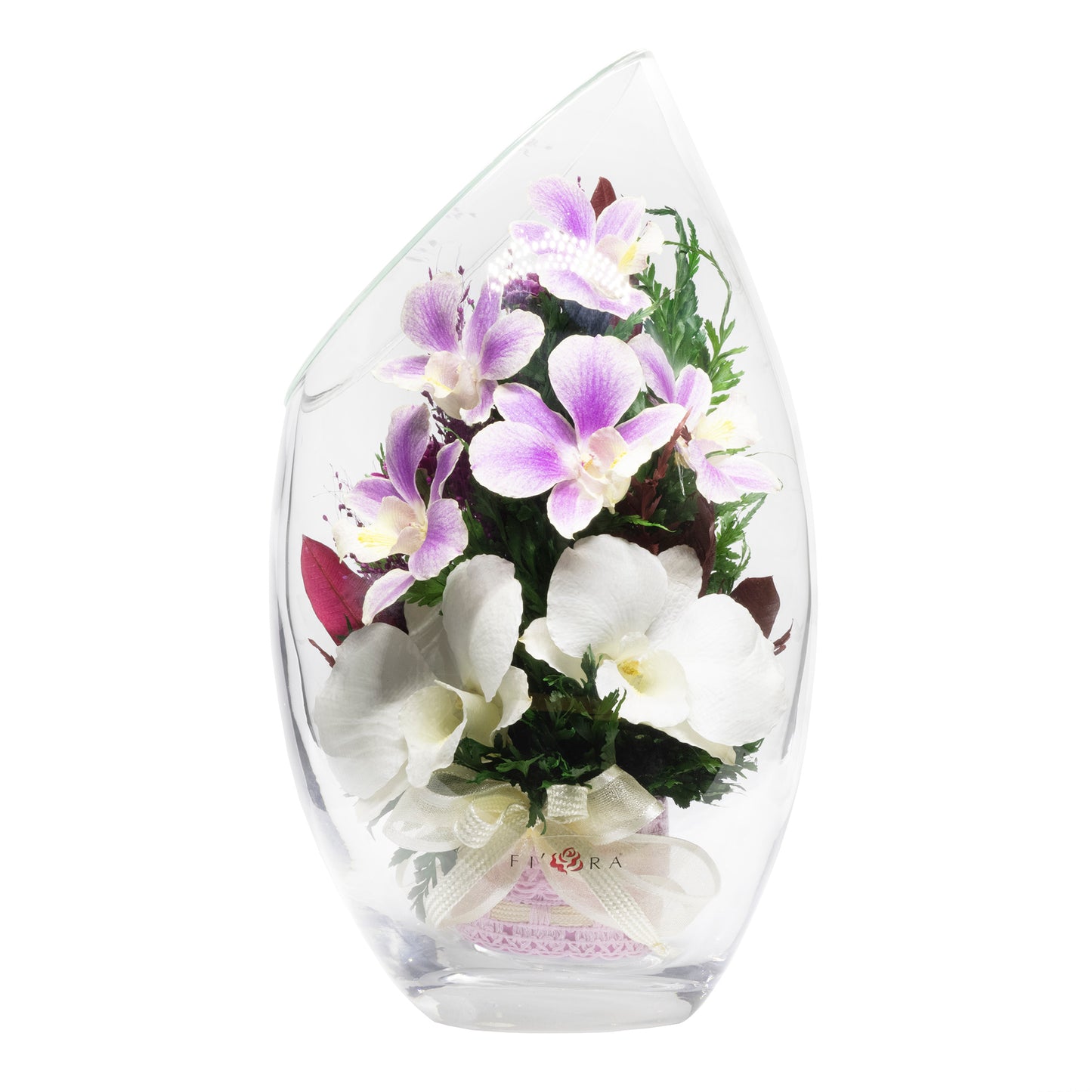 71805 Long-Lasting Purple Orchids, Limoniums with Greenery in a Flat Rugby Glass Vase