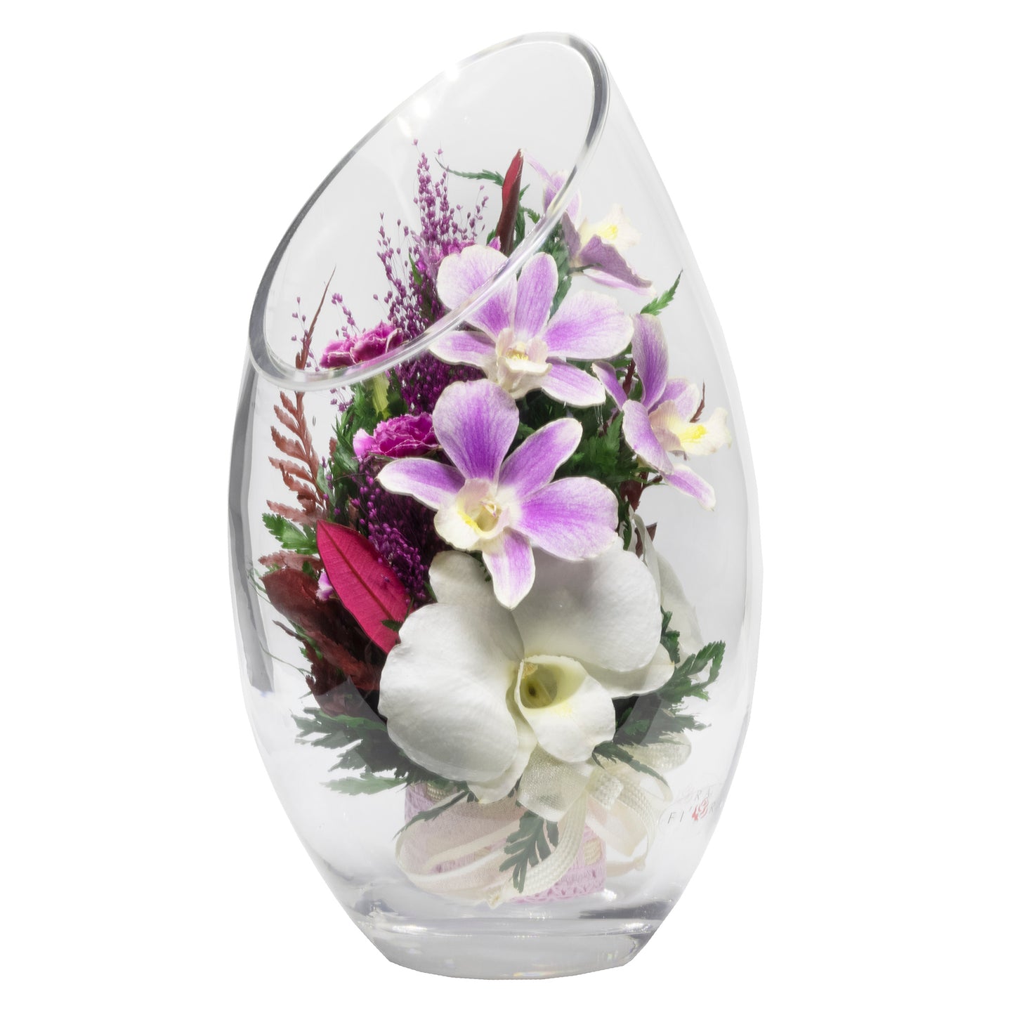 71805 Long-Lasting Purple Orchids, Limoniums with Greenery in a Flat Rugby Glass Vase