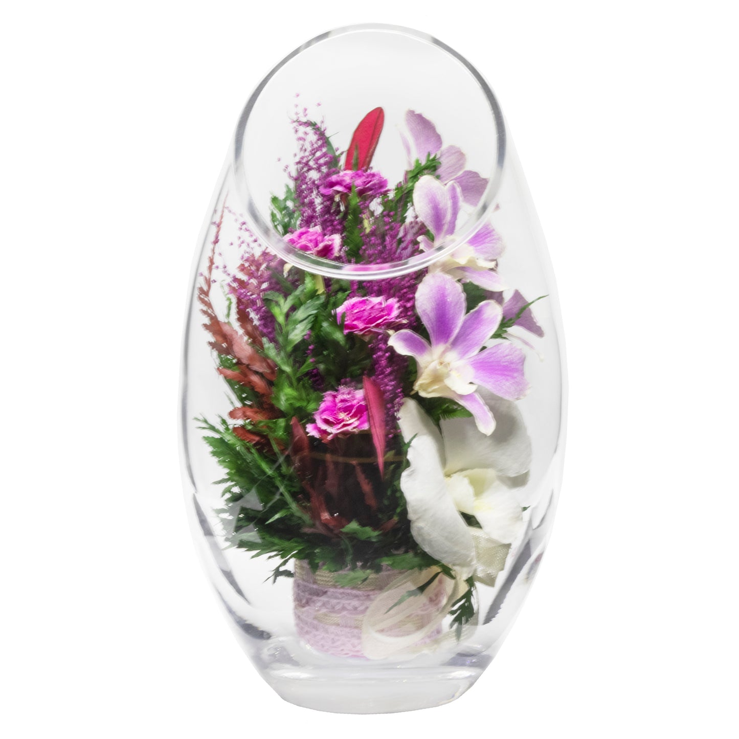 71805 Long-Lasting Purple Orchids, Limoniums with Greenery in a Flat Rugby Glass Vase