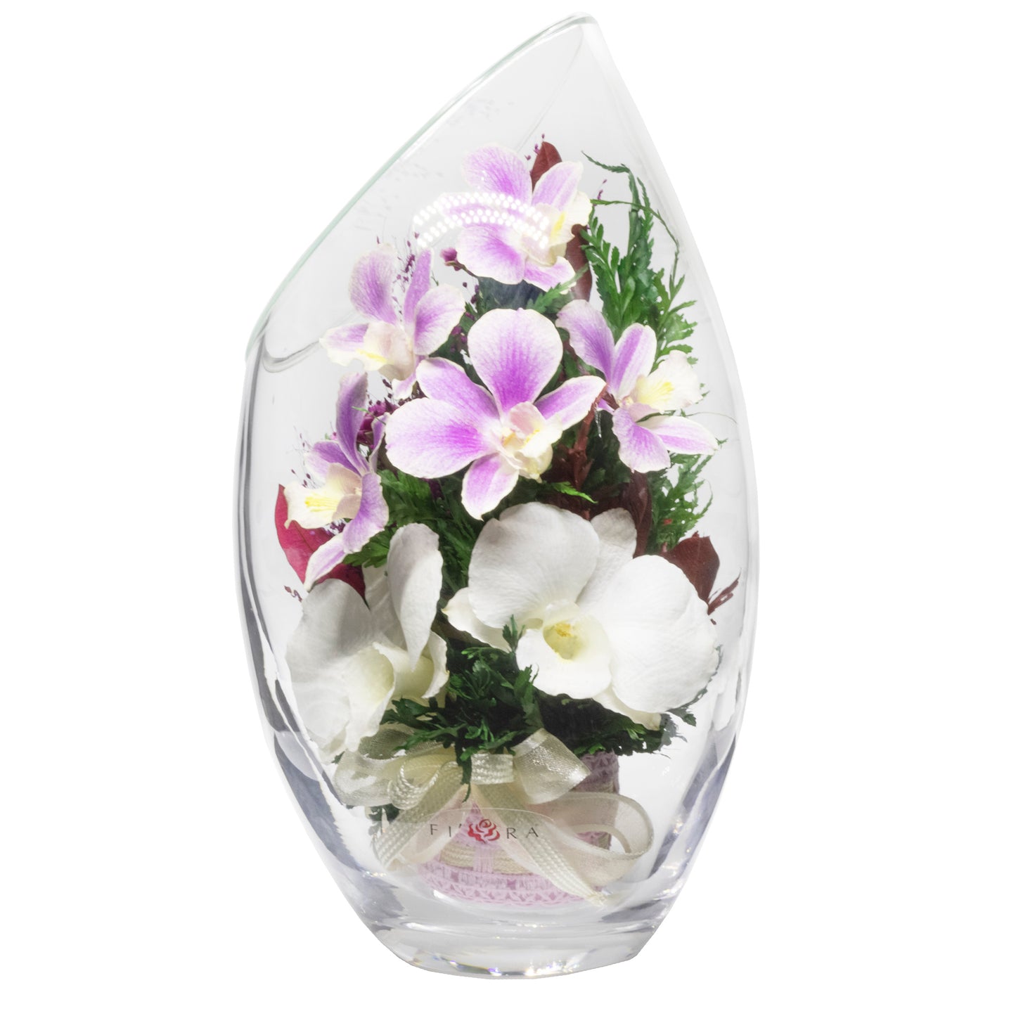 71805 Long-Lasting Purple Orchids, Limoniums with Greenery in a Flat Rugby Glass Vase