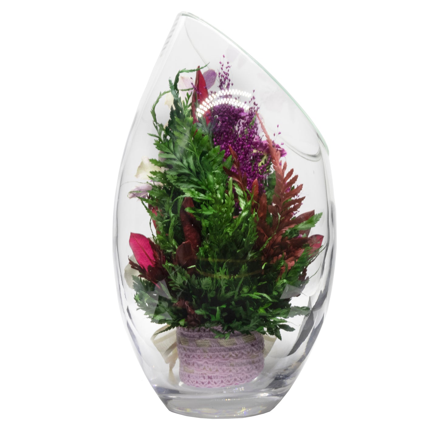71805 Long-Lasting Purple Orchids, Limoniums with Greenery in a Flat Rugby Glass Vase