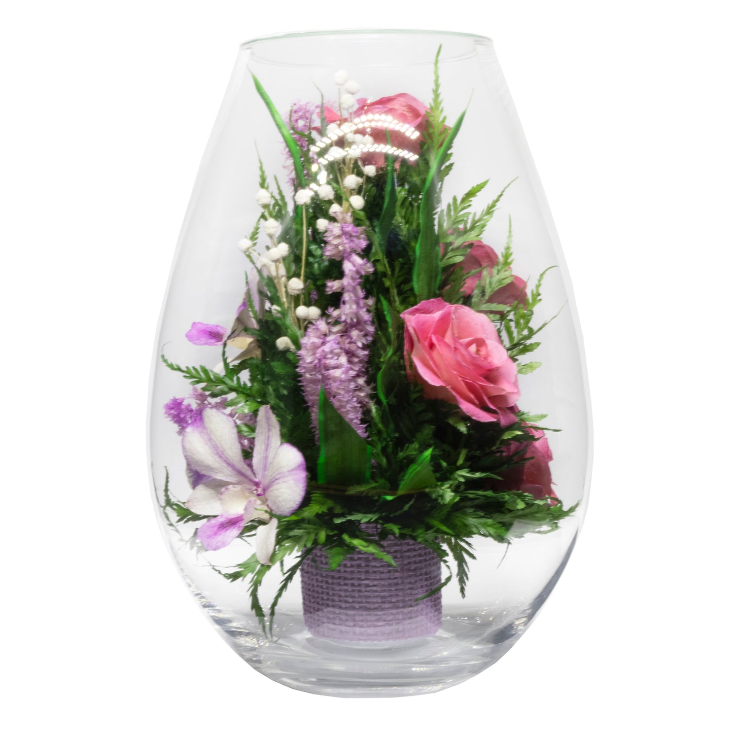 71843 Long-Lasting Pink Roses, Purple-Striped White & King Dragon Orchids in a Droplet Glass Vase