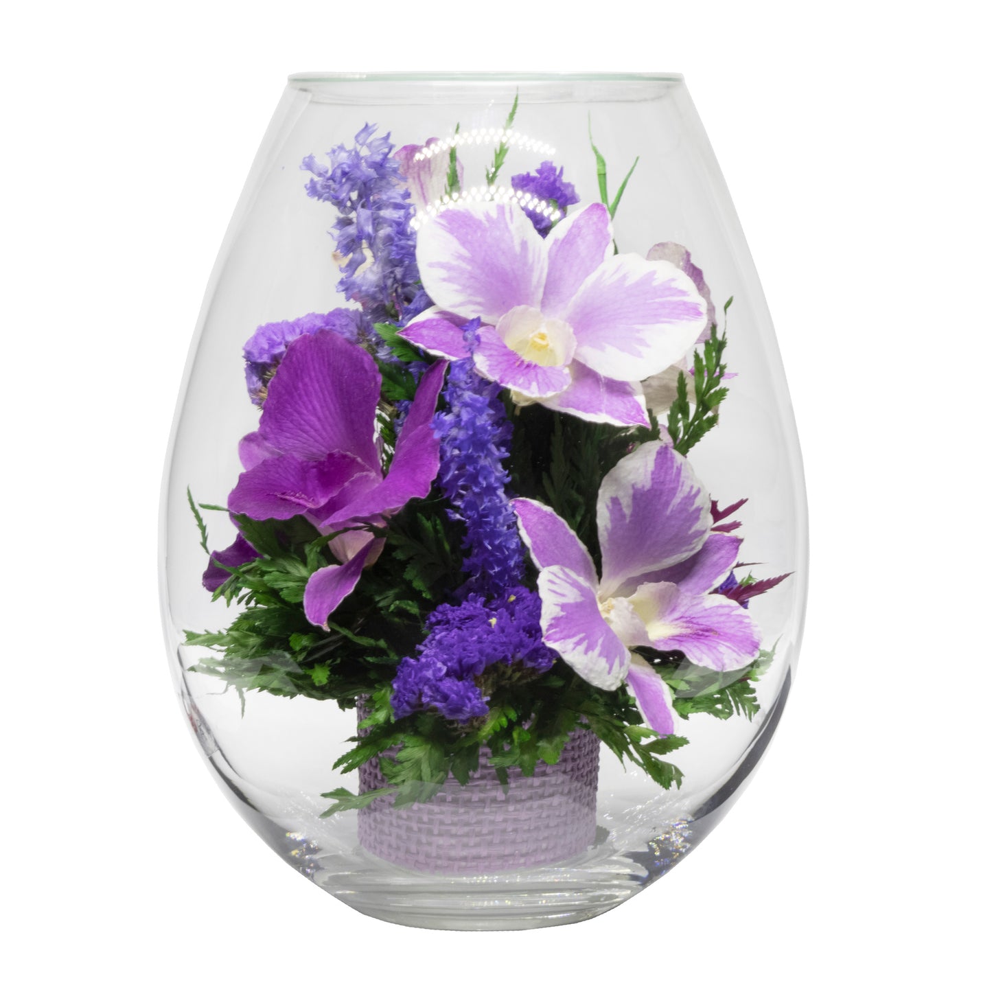 71850 Long-Lasting Purple Orchids in a Droplet Glass Vase