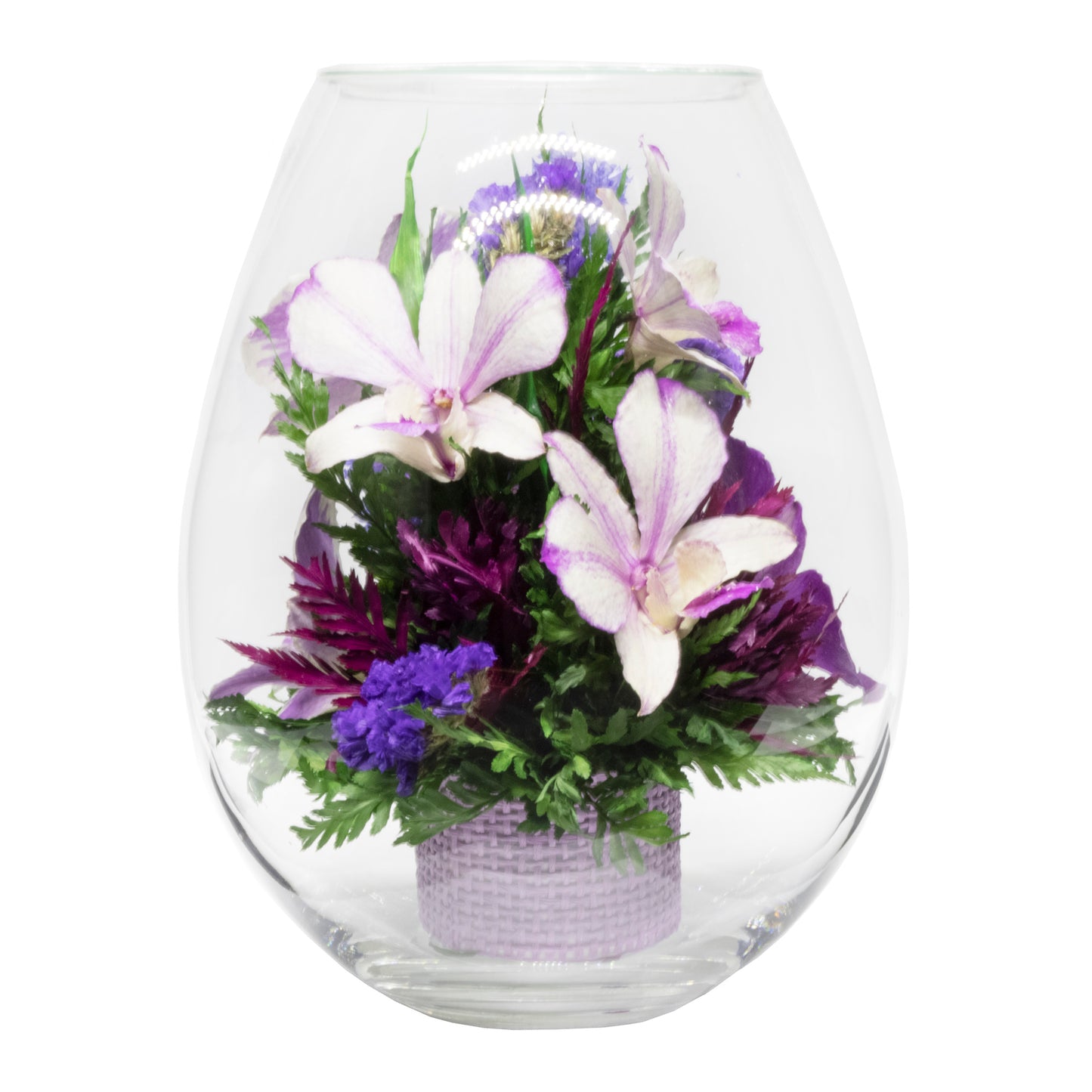 71850 Long-Lasting Purple Orchids in a Droplet Glass Vase