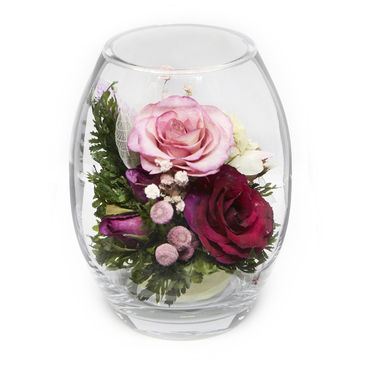 60199 Long-Lasting Purple and Pink Roses and Hydrangea in a Glass Vase - FIORA FLOWER