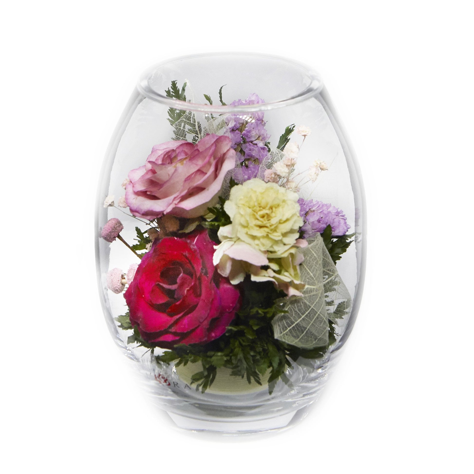 60199 Long-Lasting Purple and Pink Roses and Hydrangea in a Glass Vase - FIORA FLOWER